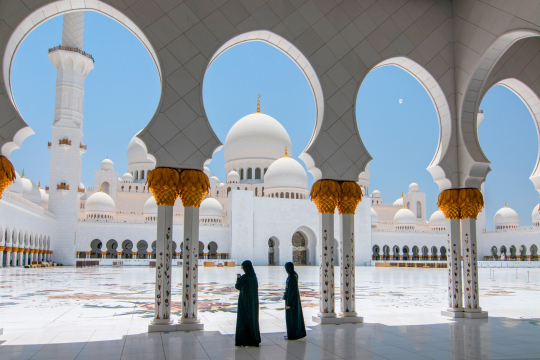 Moschee in Abu Dhabi mit wei&szlig;-goldenen S&auml;ulen und Blumenmuster auf dem Boden 